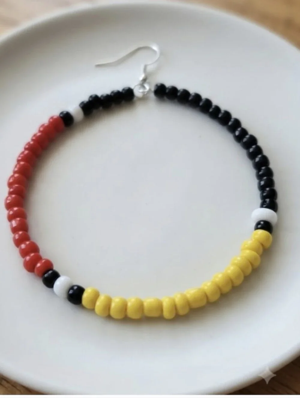 Handmade Beaded Hoop Earrings in Red, Black & Yellow